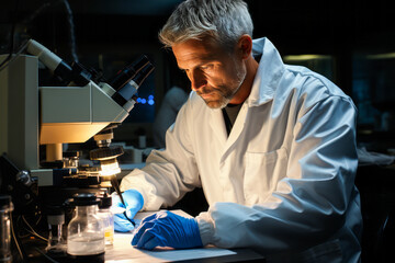 Intriguing scientist examining sample under microscope amid radiocarbon dating equipment in lab.