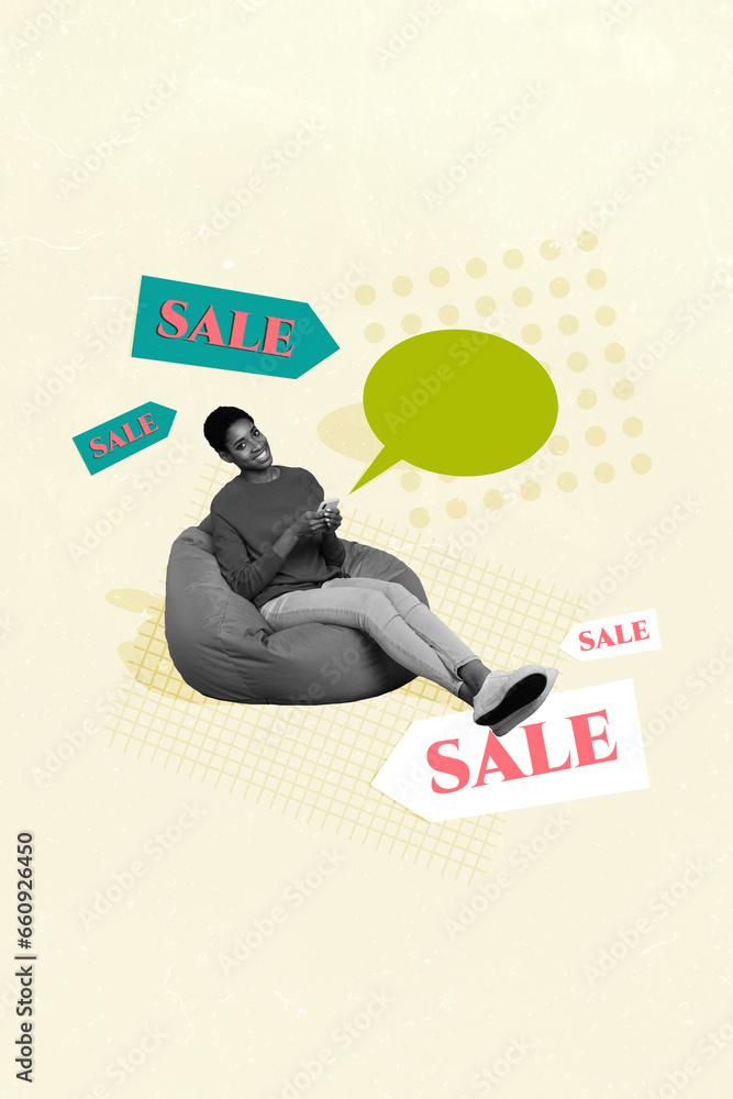 Poster composite collage artwork of lying beanbag young woman using internet device phone announce sale not