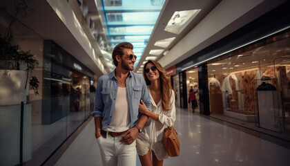 A couple going shopping is walking through a shopping center