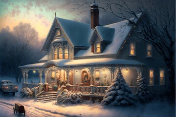 Wide view of a ranch style home with a huge porch decorated with multicolor Christmas lights candles in attic windows icicle lights hanging from the gutters antique car in the driveway snowman in  - obrazy, fototapety, plakaty