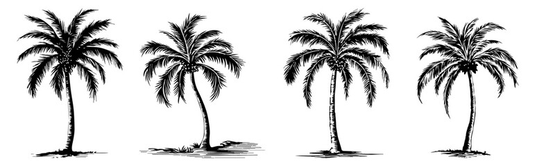 Set of woodcut illustration of palm trees, surfer lifestyle collection - obrazy, fototapety, plakaty