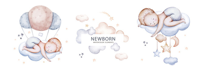 Watercolor newborn Baby Shower greeting card with babies boy. Birthday set of new born baby and pregrand women invitation.