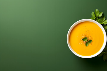 Warm pumpkin soup on a green background, seasonal food - obrazy, fototapety, plakaty