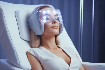 Woman with led light therapy facial beauty mask, photon therapy. Cosmetic procedure for woman face, LED facial mask treatment. Professional cosmetology anti-aging procedure. Skin care, spa and health. - obrazy, fototapety, plakaty