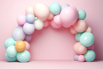Helium balloons arch on pastel background. Wall decorated with colorful balloons for birthday party, baby shower, wedding. Mockup, template for greeting card. Composition with balloons, space for text - obrazy, fototapety, plakaty
