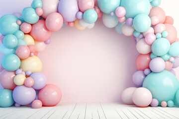 Helium balloons arch on pastel background. Wall decorated with colorful balloons for birthday...
