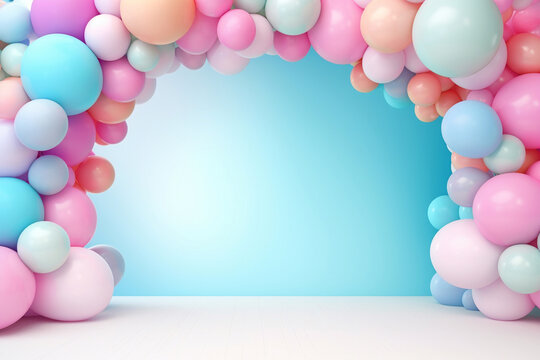 Helium balloons arch on pastel background. Wall decorated with colorful balloons for birthday party, baby shower, wedding. Mockup, template for greeting card. Composition with balloons, space for text