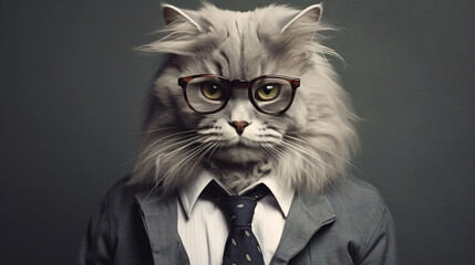 Funny fluffy cat in a glasses businessman
