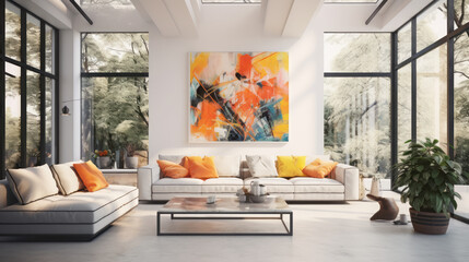 Modern bright living room interiors with art wallpaper.
