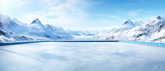 Ice Rink Background on luxury mountain resort. Ice skating. Scenery hotels of Alps on snowy winter landscape. Vacation, travelling concept. Copy space. Stadium. Panoramic view. Generative ai
