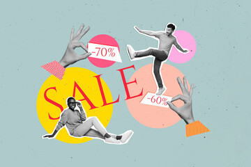 Creative photo illustration artwork collage of dancing young man crazy hot sale near sitting...