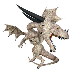 Illustration of a small winged black horned tiny dragon with stone texture skin and open mouth isolated on a white background side view.