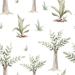 Watercolor dinosaur seamless pattern. Hand painted cute dinosaurs, tropical palm tree, jungle leaves, mountains. Dino illustration for design, wallpaper, scrapbooking