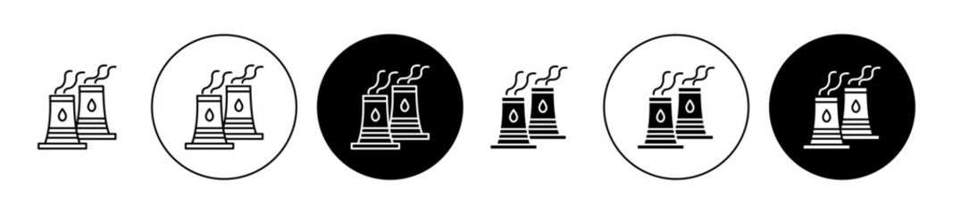 Cooling tower vector icon set. Thermal nuclear power plant tower icon. Nuclear reactor station steam chimney sign in black filled and outlined style for ui designs. - obrazy, fototapety, plakaty