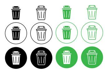 Waste bin vector icon set. Garbage dispose container icon. Delete dustbin button sign in black filled and outlined style for ui designs.