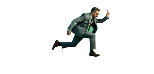 Businessman running on the ground. The character of a businessman jumping for joy on a light transparent background. PNG file. Generative artificial intelligence