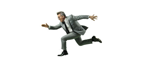 Fototapeta na wymiar Businessman jumping in the air. The character of a businessman jumping for joy on a light transparent background. PNG file. Generative artificial intelligence