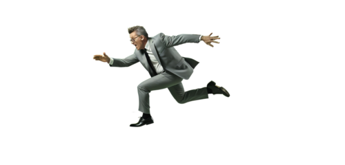 Businessman jumping in the air. The character of a businessman jumping for joy on a light transparent background. PNG file. Generative artificial intelligence
