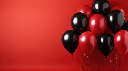 Vibrant Red and Black Balloons Against Bold Red Backdrop