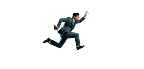 Man jumping. The character of a businessman jumping for joy on a light transparent background. PNG file. Generative artificial intelligence