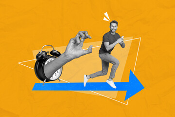 Creative composite photo collage of cunning tricky man run from arm with smartphone procrastinating...