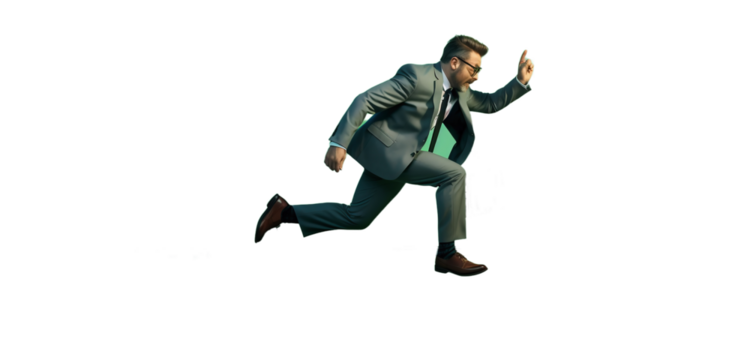 Businessman running on the ground. The character of a businessman jumping for joy on a light transparent background. PNG file. Generative artificial intelligence
