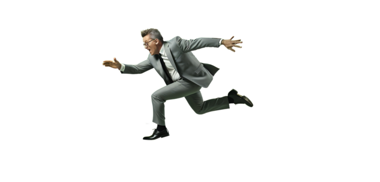 Businessman jumping in the air. The character of a businessman jumping for joy on a light transparent background. PNG file. Generative artificial intelligence - Powered by Adobe