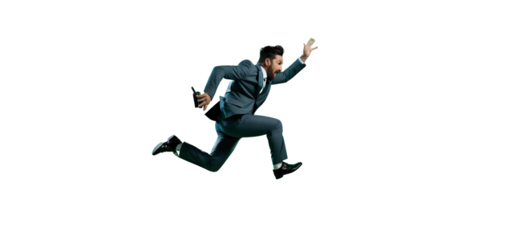 Man jumping. The character of a businessman jumping for joy on a light transparent background. PNG file. Generative artificial intelligence