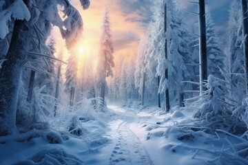 A wintry forest with snowy fir trees and snowdrifts, perfect for a Christmas and New Year greeting. A magical winter fairytale. Generative AI