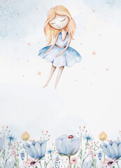 Fairy and Flowers watercolor isolated kids illustration for girls. Cartoon pink magic girl baby shower poster. Happy Birthday kid card - 660928417