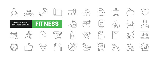 Set of 36 Fitness line icons set. Fitness outline icons with editable stroke collection. Includes Running, Dumbbell, Cardio, Yoga, Swimming and More.