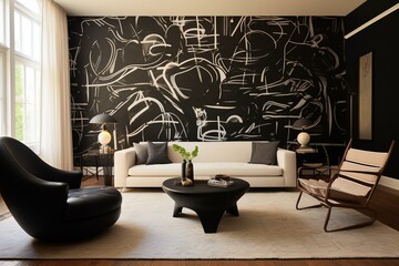 Contemporary living room with black calligraphy art wallpaper, armchair, and table - rendered in 3D. Generative AI