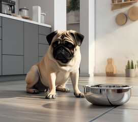 pug dog in modern kitchen sitting on floor with bowl with food or up at table with lot of dishes in front. cute baby domestic pet,daytime generative ai 