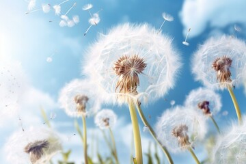 White dandelions with seeds floating against a blue sky. Generative AI