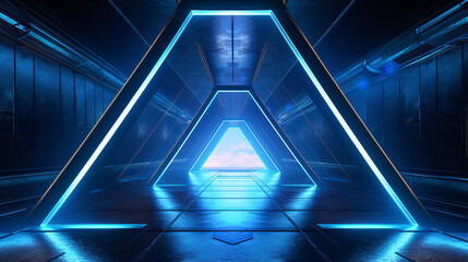 Future Neon Sci Fi Blue Triangle Shaped Spaceship