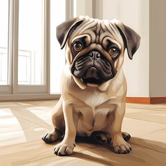 pug dog in modern kitchen sitting on floor with bowl with food or up at table with lot of dishes in front. cute baby domestic pet,daytime generative ai 
