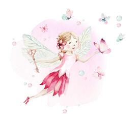 Cute Fairy character watercolor illustration on white background. Magic fantasy cartoon pink fairytale design. Baby girl birthday