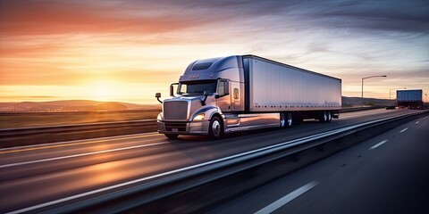 Truck on highway at sunset. Sun dips below horizon casting warm orange glow across open powerful semi-truck loaded with cargo races towards distant
