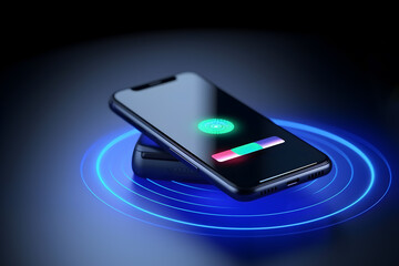 Mobile payment concept. Black smart phone on contactless payment terminal. Digital pay. NFC technology.