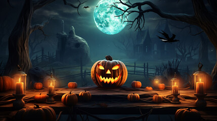 Halloween party. Wooden banner with pumpkin head jack lanterns, burning candles, bats in dark spooky mystery forest at Halloween night. invitation.