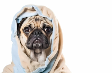 pug dog with serious face in bathrobe isolated generative ai. cute domestic pet animal
