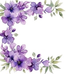 Fototapeta na wymiar Watercolor floral wreath of purple flowers on a white background, lilac branches and foliage. Botanical illustration of flowers. Wedding decorations for design.