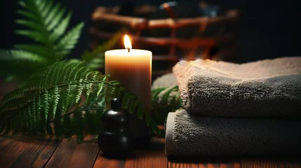 Papier Peint Lavable Spa Beauty spa treatment and relax concept.Towel on fern with candles and black hot stone on wooden background. Massage therapy for one person with candle light. Ai