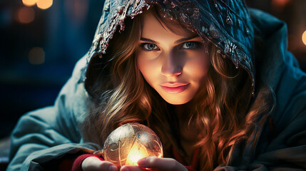 Mystical fortune teller with crystal ball in a tent filled with engaged spectators. - obrazy, fototapety, plakaty