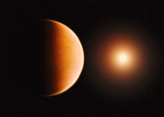 Sunrise over a desert planet. Red planet in the light of the sun. Beautiful cosmic background.