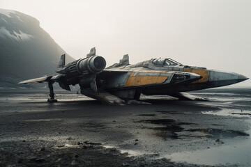 Witness the future with an advanced sci fi fighter aircraft touching down on an abandoned planet in this captivating illustration. Ai generated