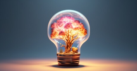 multicolored brain segmented in different subjects, illuminated from within by a radiant light bulb