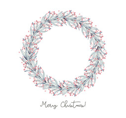 Watercolor winter wreath frame set. Branches with red holly berries. Round New year and Christmas frames with place for date, inscription, text. greeting cards, banners, invitation