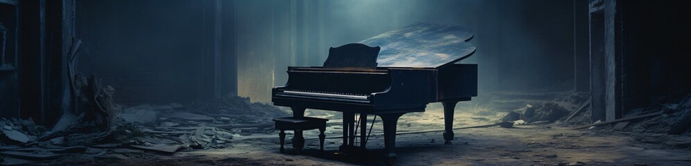 Grand piano in a dilapidated room - obrazy, fototapety, plakaty
