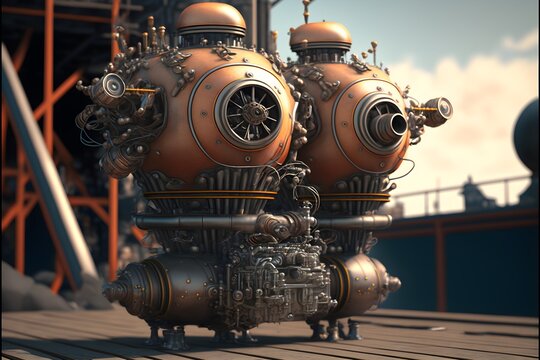 Photograph of steampowered mechanical robots used for a variety of tasks such as guarding the airship or performing maintenance on the engines on airship deck bidirectional gaslight UHD upscaled 